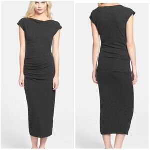 James Perse Side Ruche Cowl Neck Midi Dress With Cap Sleeves in Slate Gray L EUC